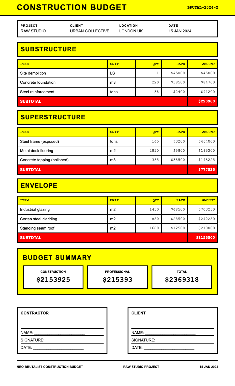 Neo brutalist construction budget